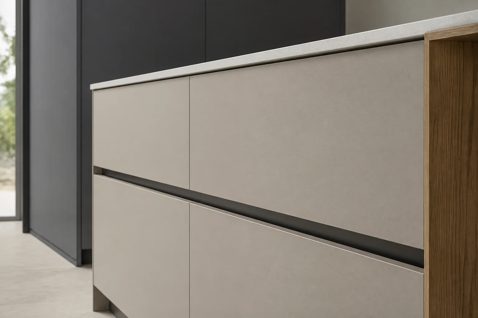 Light matt fronts with a dark GOLA profile, a stone countertop and an oak detail