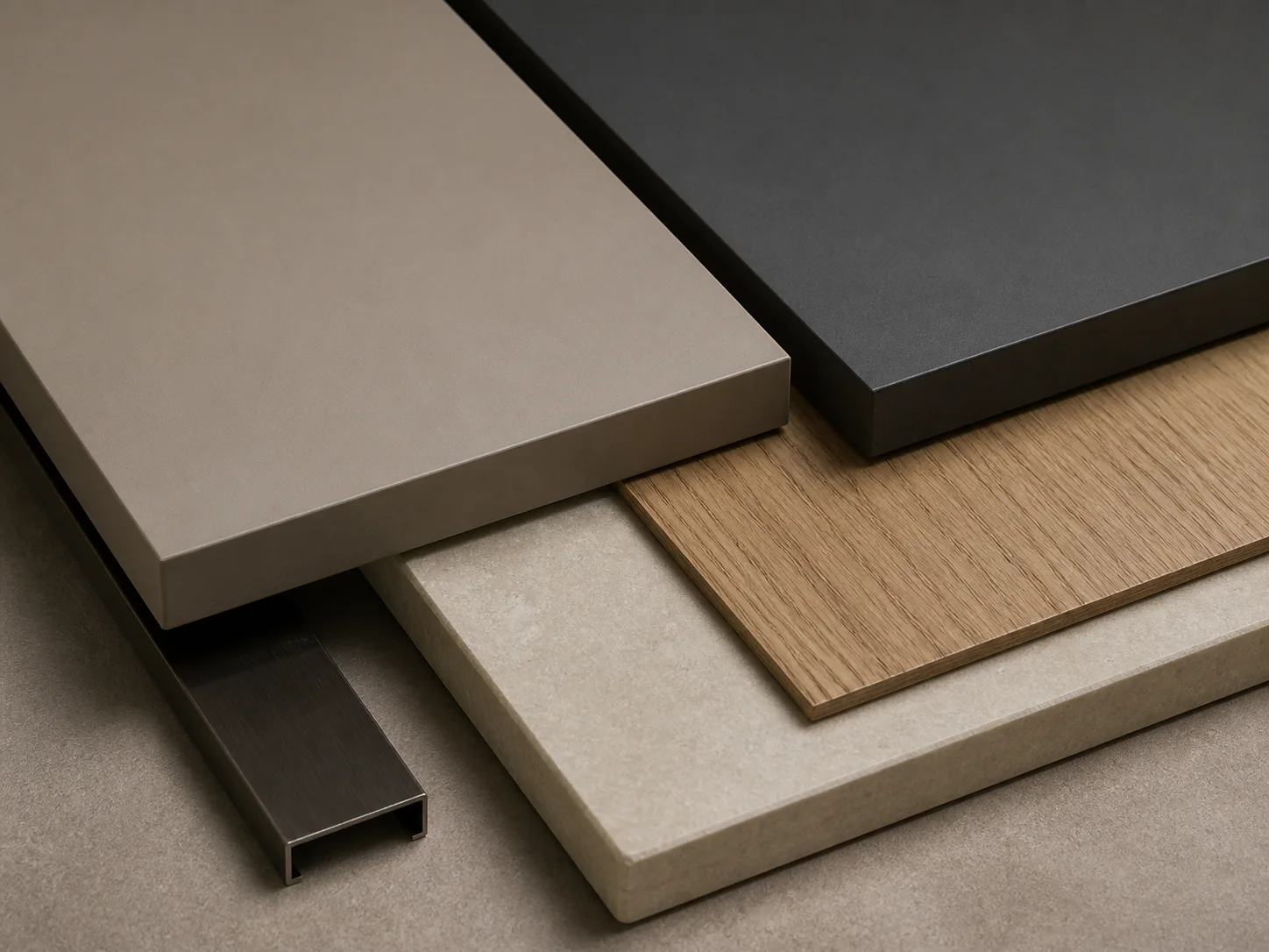 Matt furniture panels next to oak, light-coloured stone and a dark metal profile
